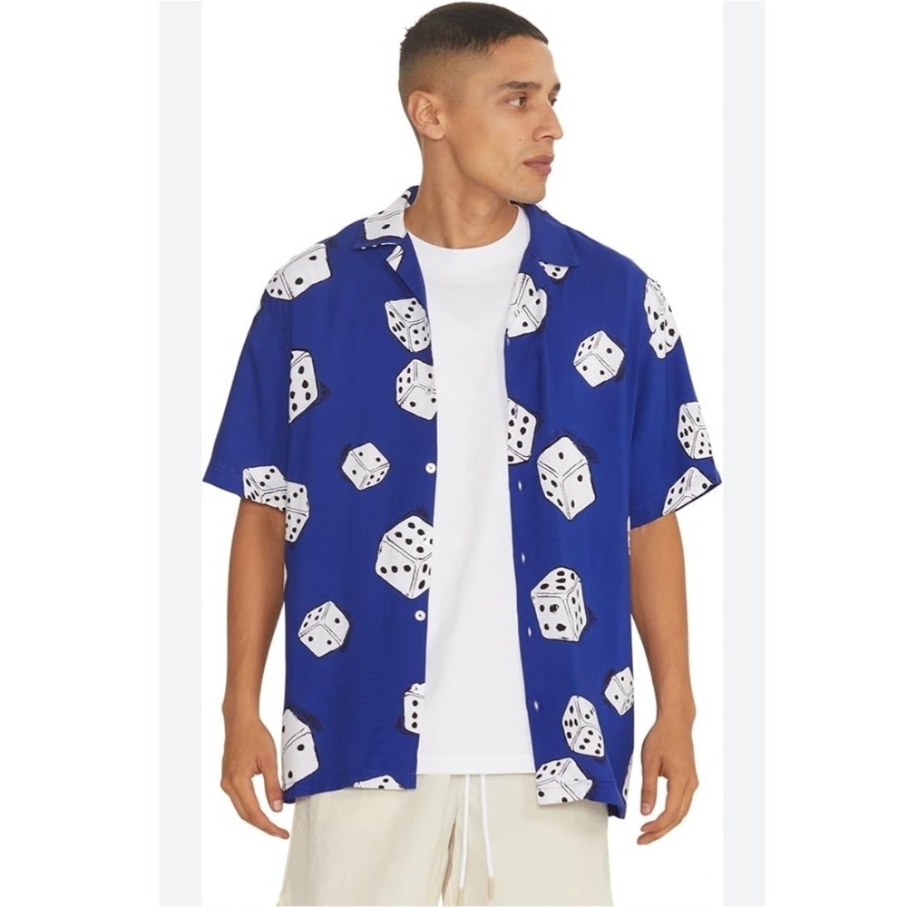 No Boundaries Mens 3X‎ Button Rayon Dice Print Royal Ocean Vegas All Over Print